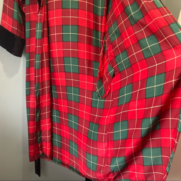 90s Vintage Silk & Velvet Belted Robe La Senza Green and Black Plaid - Picture 6 of 12